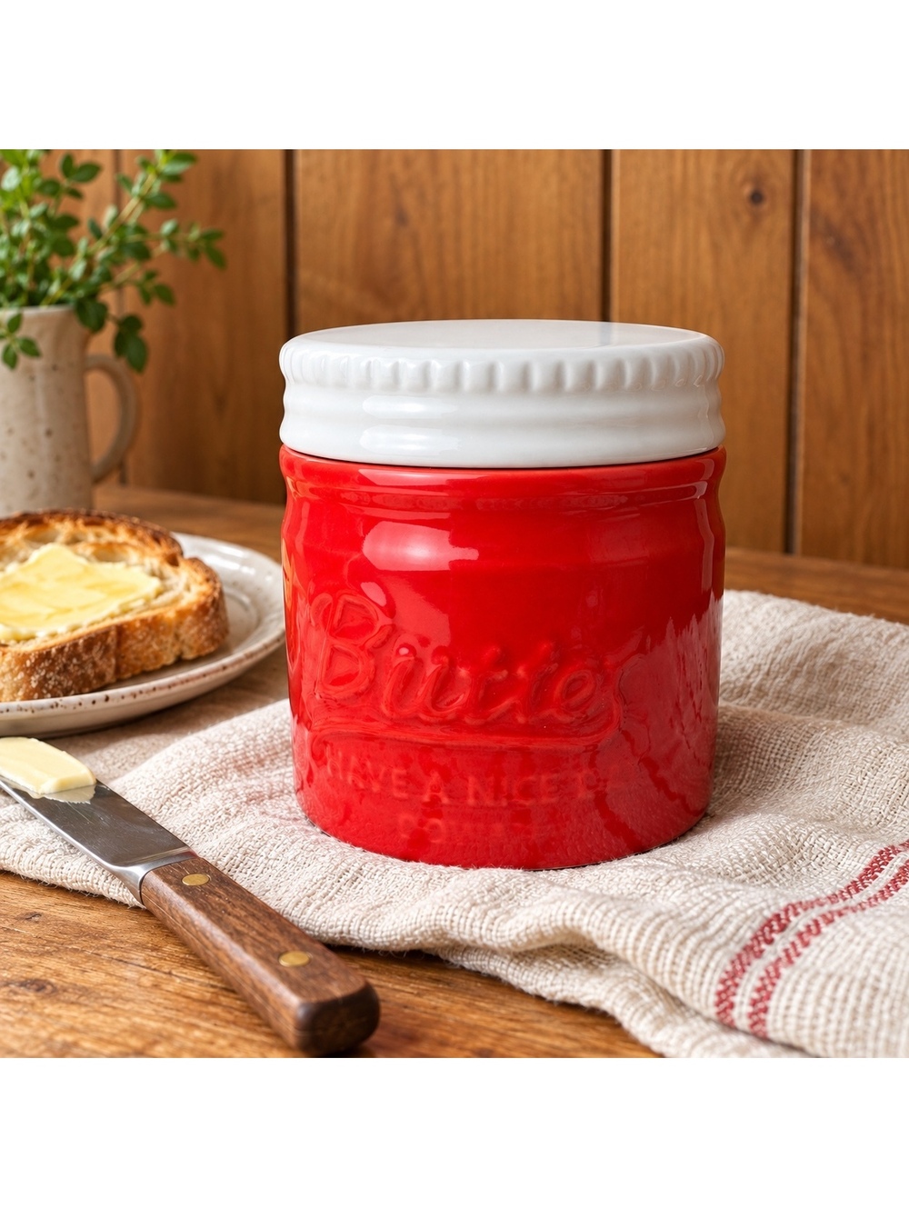 Ceramic Butter Bell Crock Red and White Dowan French Butter Keeper